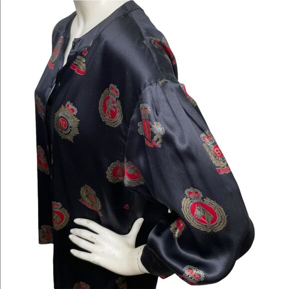 ESCADA Margaretha Ley Vintage 80s Button Up Silk Blouse Medals Crest 40 10 OVRSZ - Picture 6 of 14